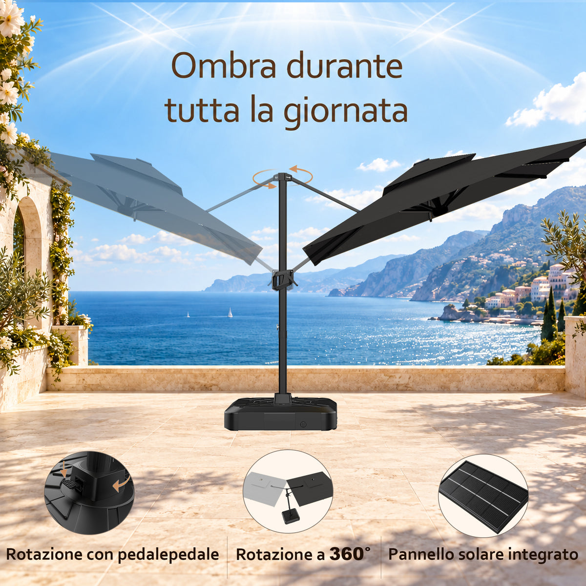 Ombrellone a braccio laterale ad apertura facilitata