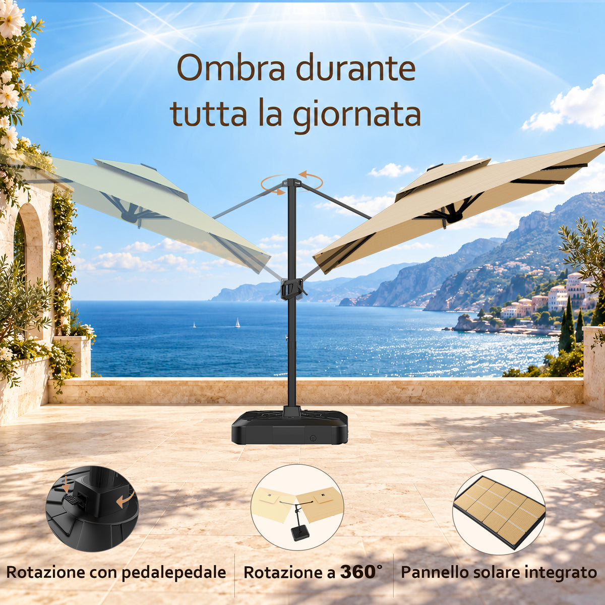 Ombrellone a braccio laterale ad apertura facilitata