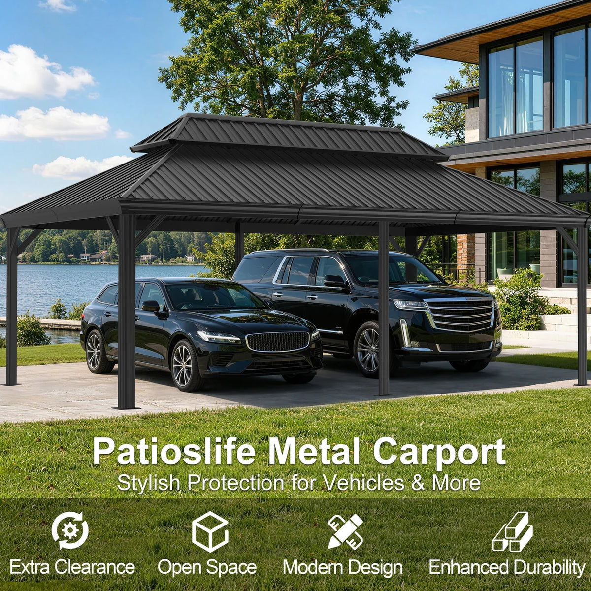 Carport in alluminio con tetto in acciaio per auto e veicoli