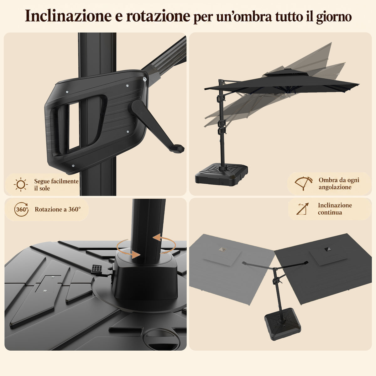 Ombrellone a braccio laterale ad apertura facilitata