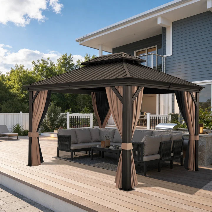 Gazebo da giardino con tetto rigido in alluminio e tende laterali