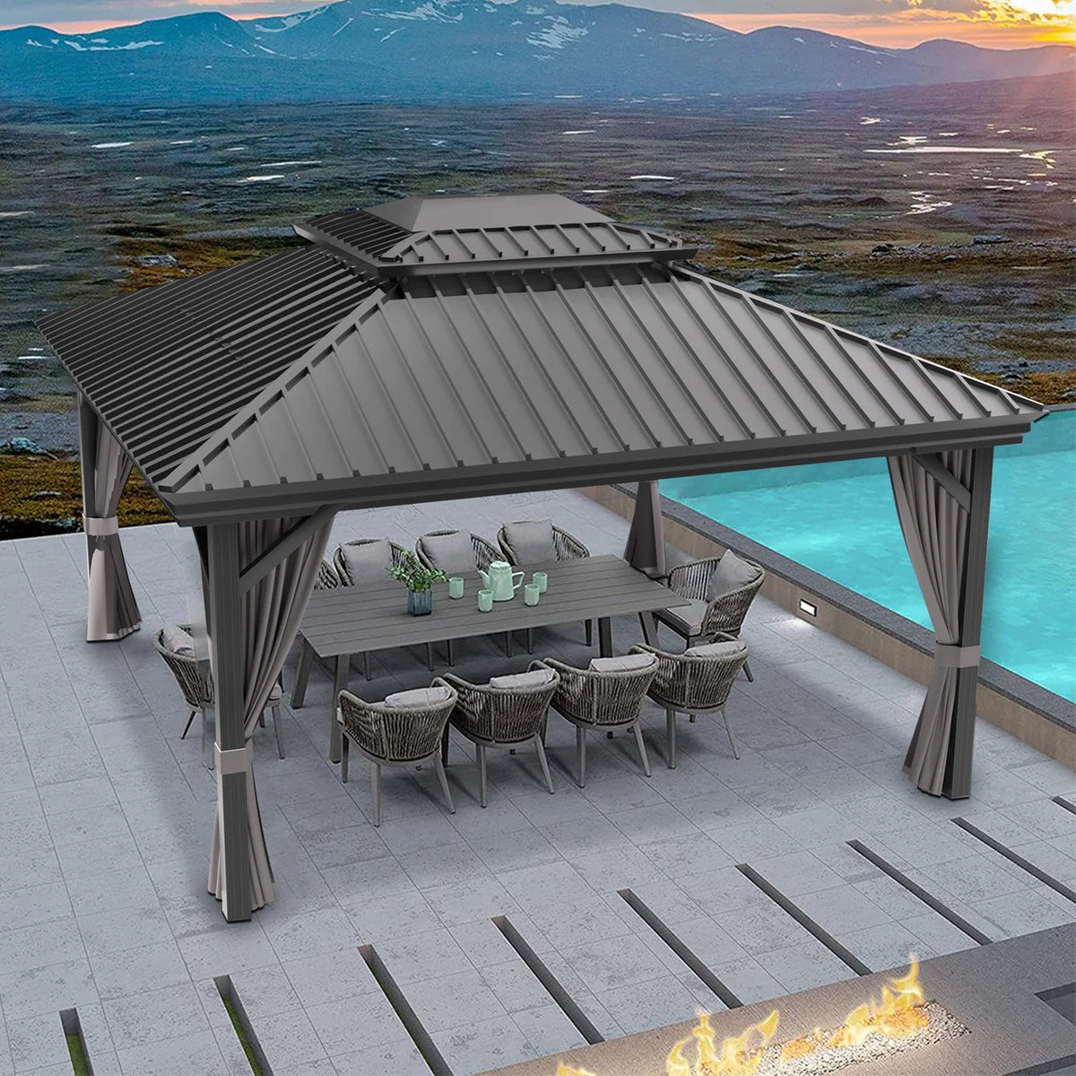 Gazebo da giardino con tetto rigido in alluminio e tende laterali