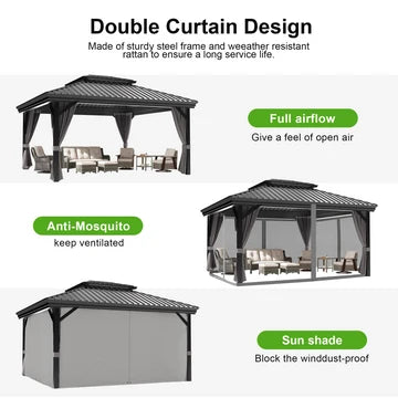 Gazebo da giardino con tetto rigido in alluminio e tende laterali