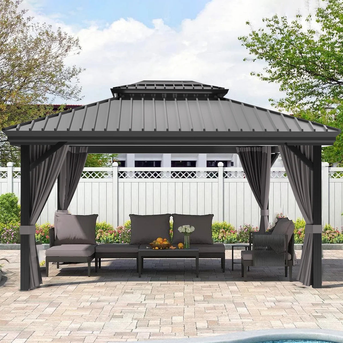 Gazebo da giardino con tetto rigido in alluminio e tende laterali