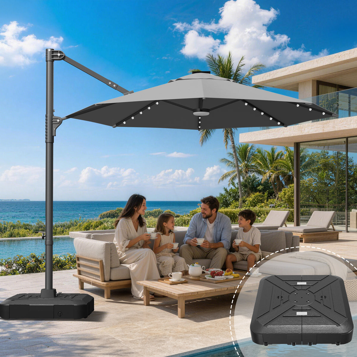 Ombrellone decentrato rotondo da giardino con luci LED solari