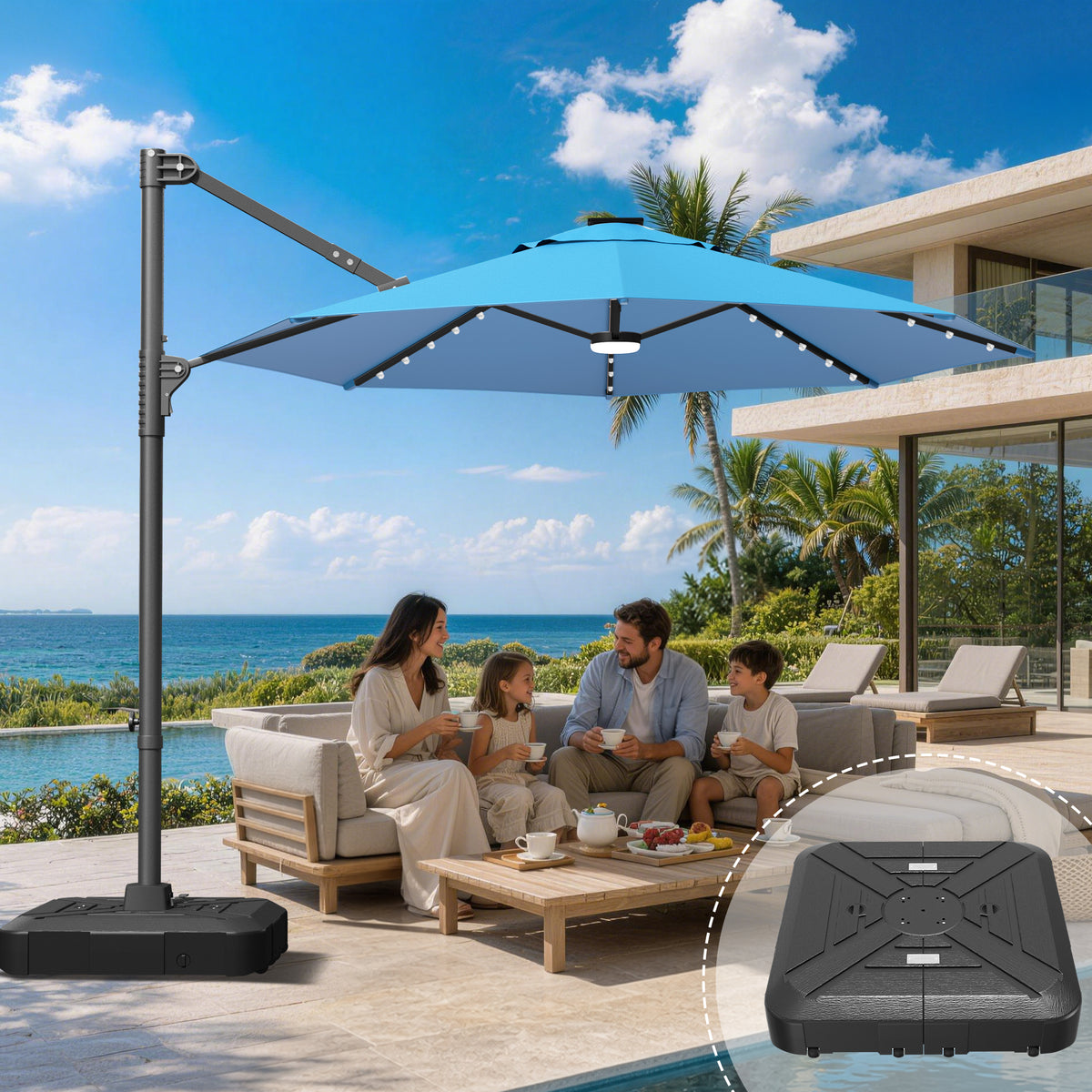 Ombrellone decentrato rotondo da giardino con luci LED solari
