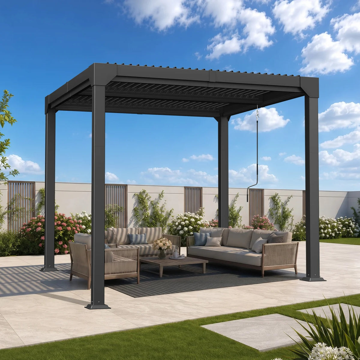 Pergola bioclimatica in alluminio con tetto a lamelle regolabili