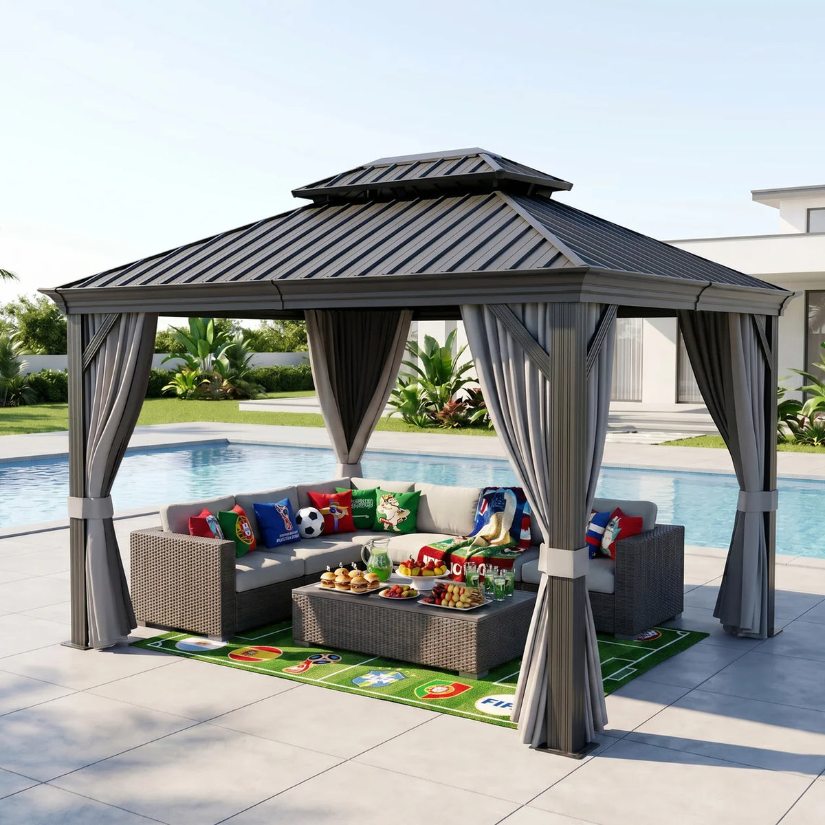 Gazebo da giardino con tetto rigido in alluminio e tende laterali