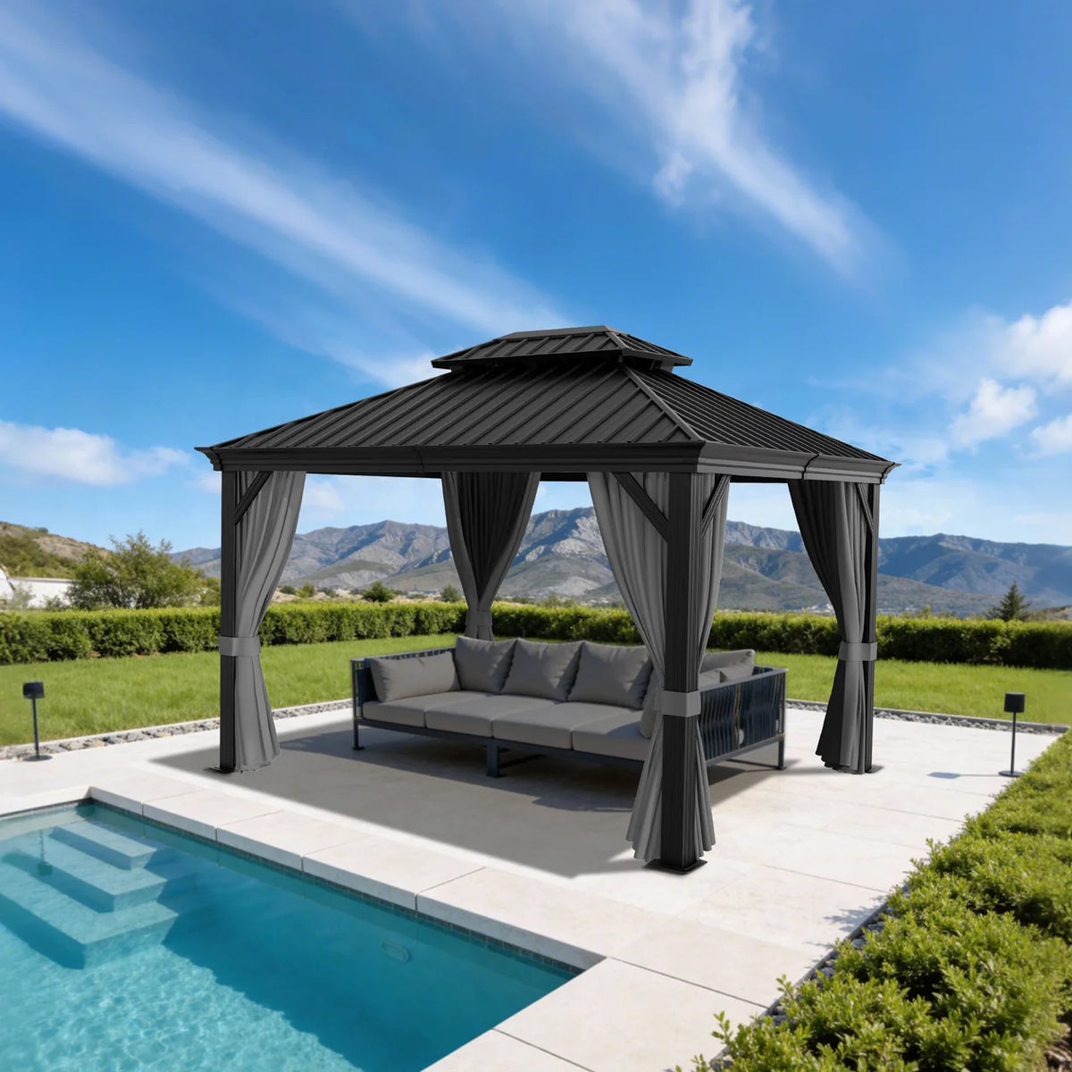 Gazebo da giardino con tetto rigido in alluminio e tende laterali