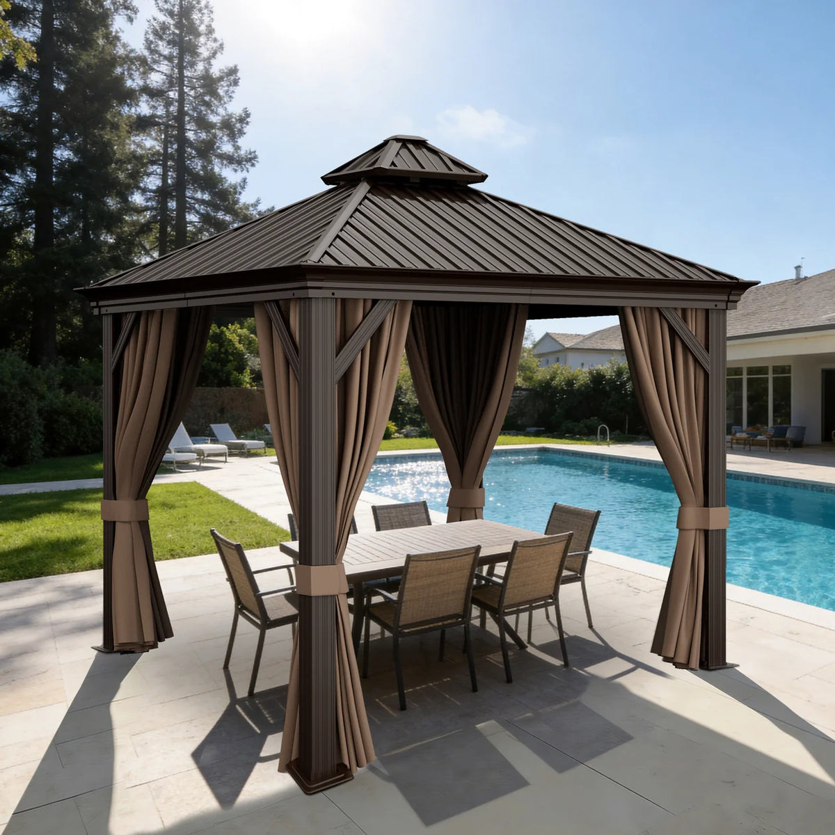 Gazebo da giardino con tetto rigido in alluminio e tende laterali