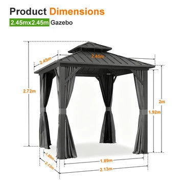 Gazebo da giardino con tetto rigido in alluminio e tende laterali