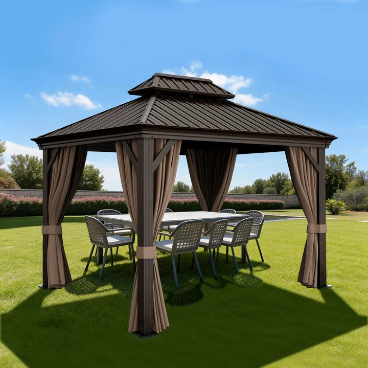 Gazebo da giardino con tetto rigido in alluminio e tende laterali