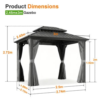 Gazebo da giardino con tetto rigido in alluminio e tende laterali