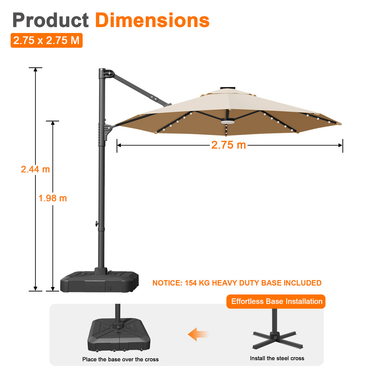 Ombrellone decentrato rotondo da giardino con luci LED solari