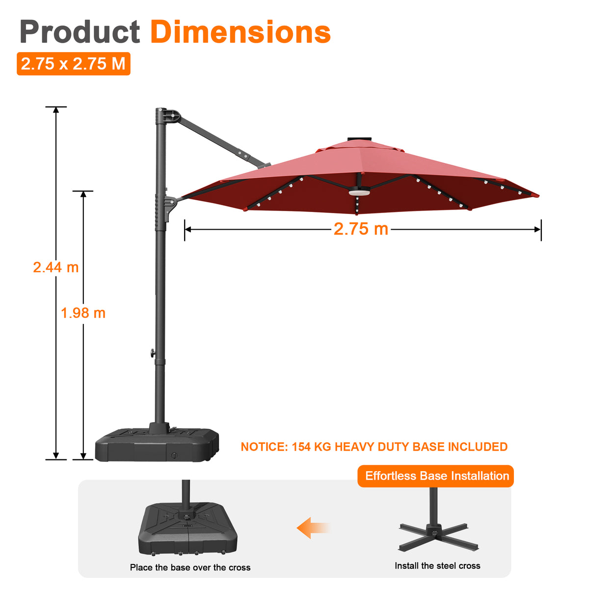 Ombrellone decentrato rotondo da giardino con luci LED solari