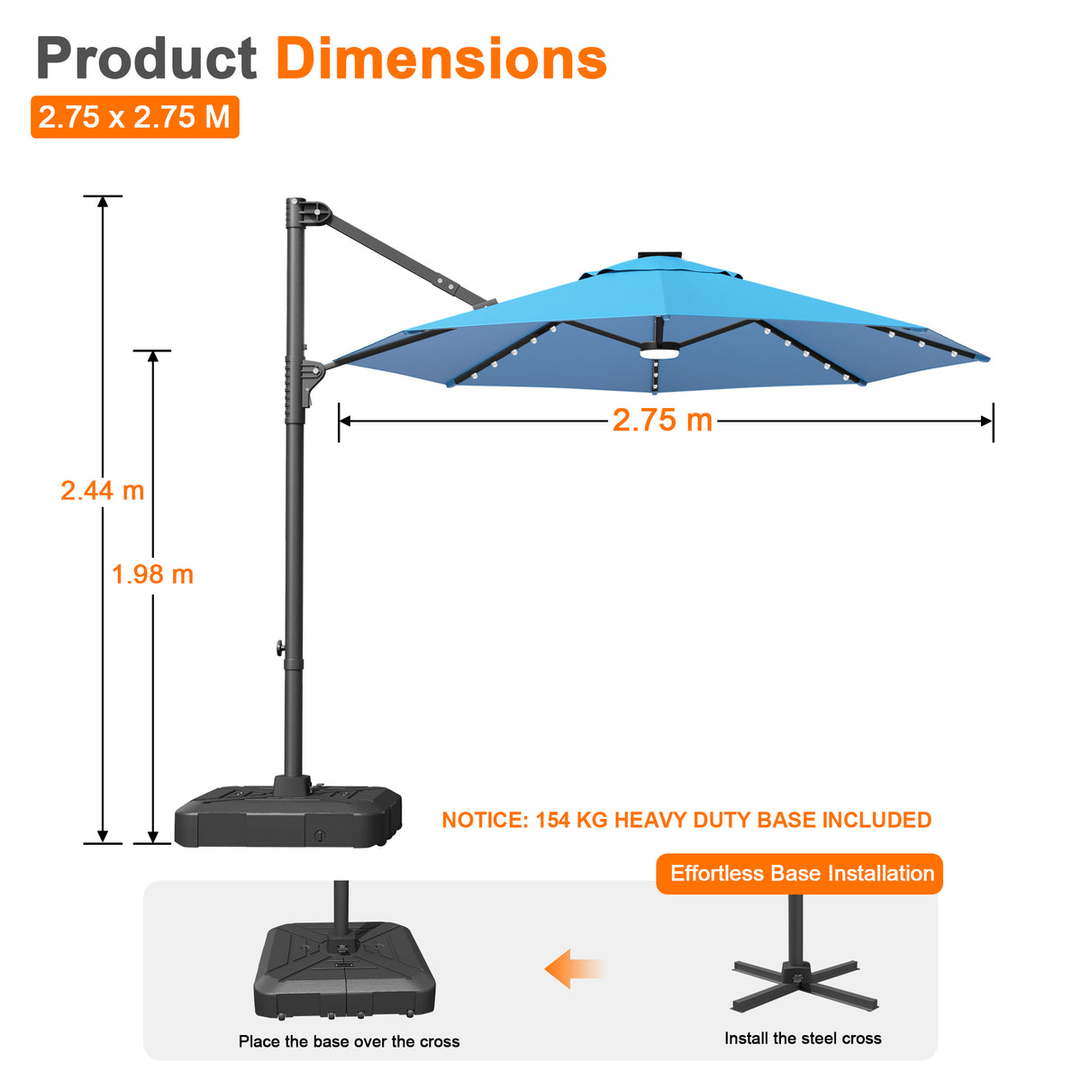 Ombrellone decentrato rotondo da giardino con luci LED solari
