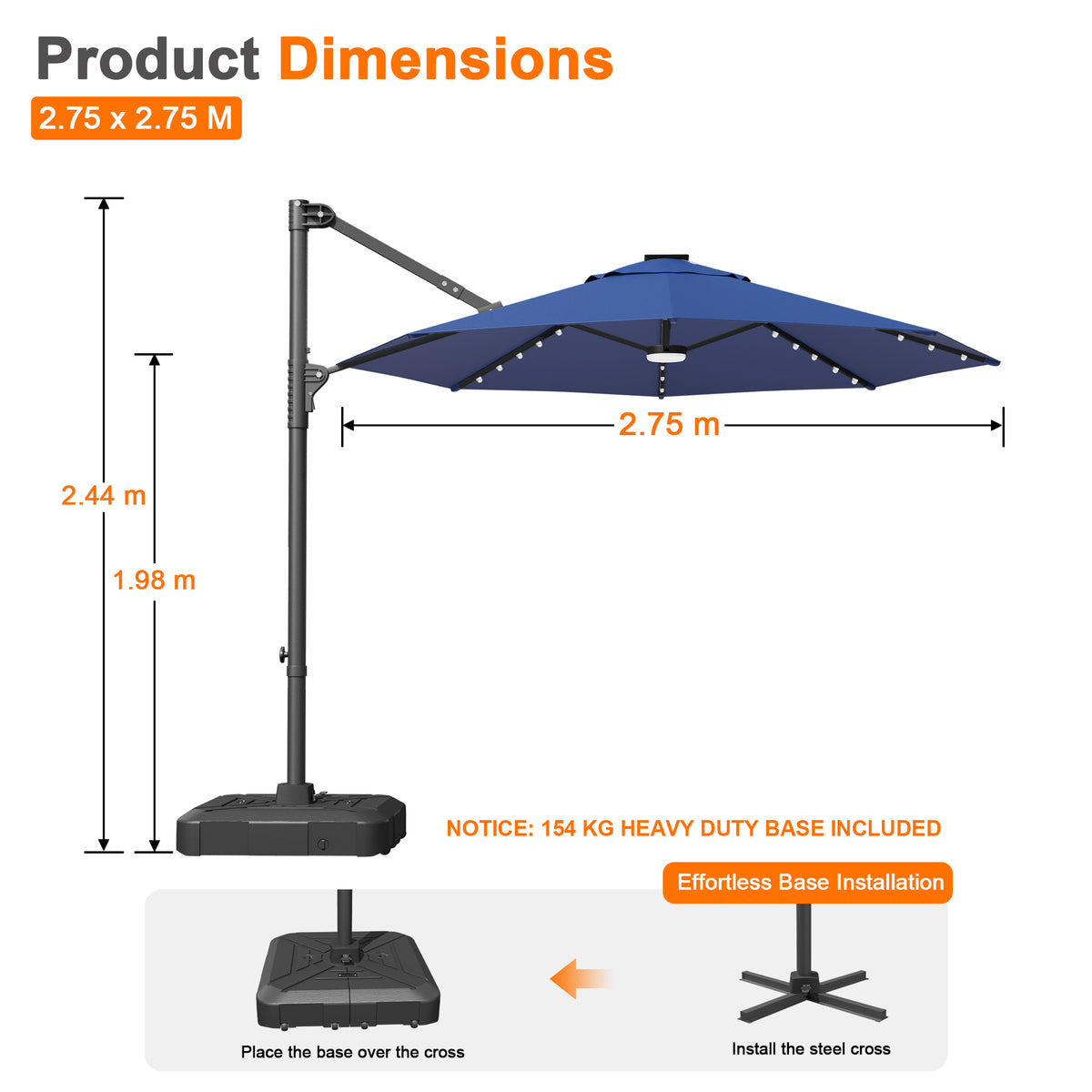 Ombrellone decentrato rotondo da giardino con luci LED solari
