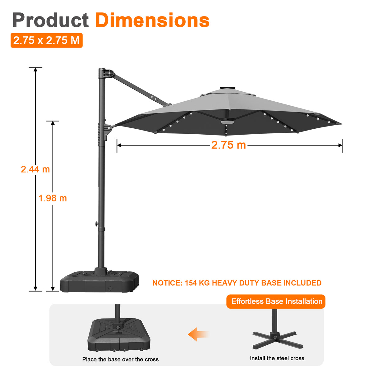 Ombrellone decentrato rotondo da giardino con luci LED solari