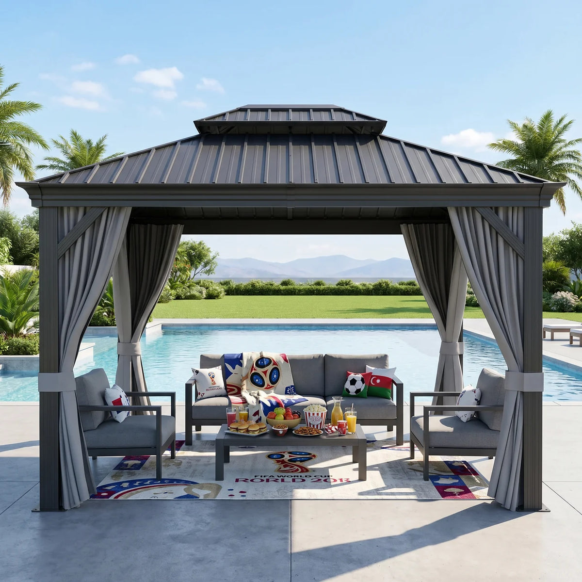 Gazebo da giardino con tetto rigido in alluminio e tende laterali