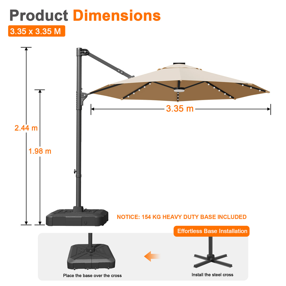 Ombrellone decentrato rotondo da giardino con luci LED solari