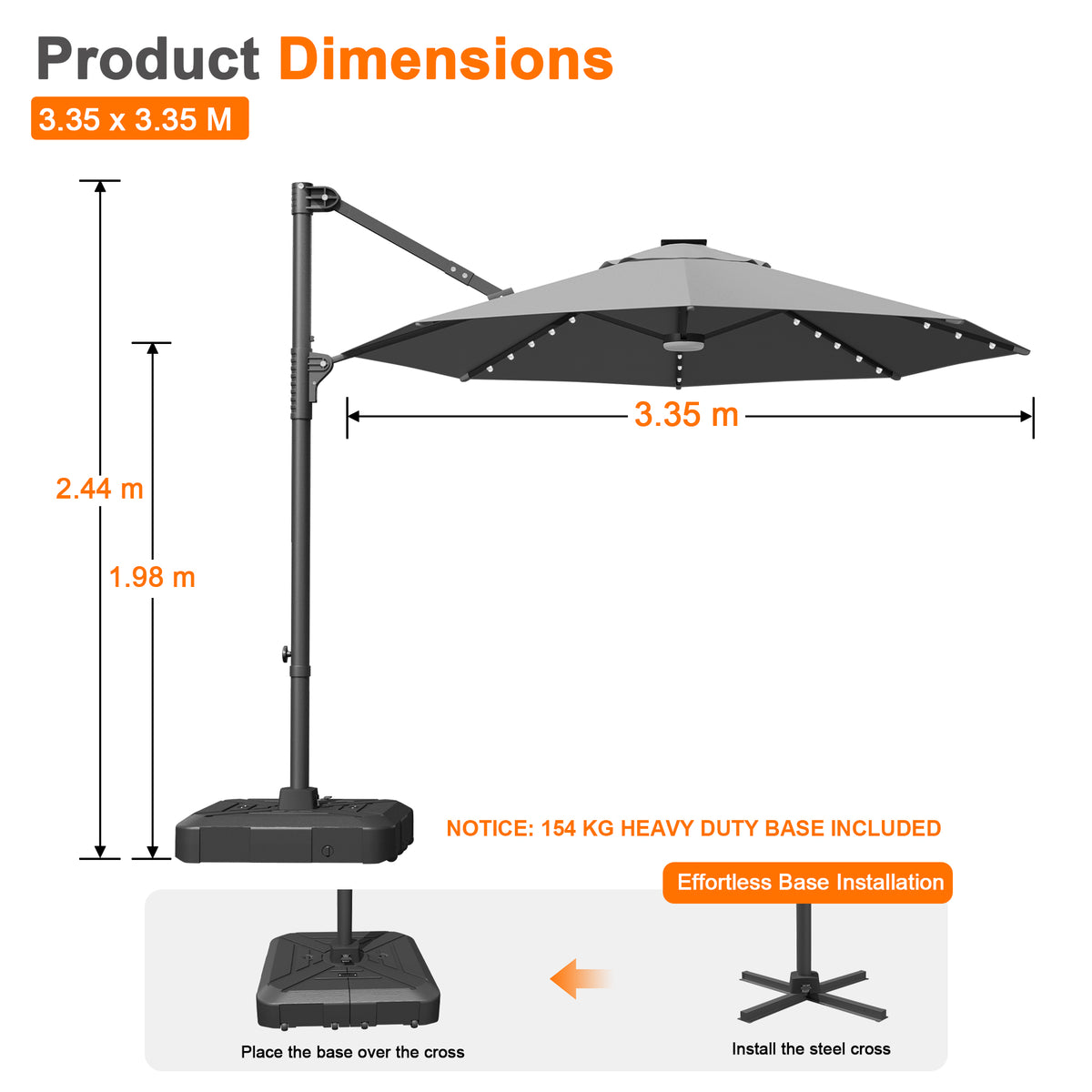Ombrellone decentrato rotondo da giardino con luci LED solari