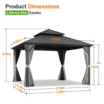 Gazebo da giardino con tetto rigido in alluminio e tende laterali