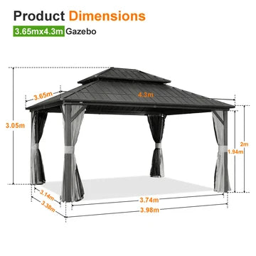 Gazebo da giardino con tetto rigido in alluminio e tende laterali