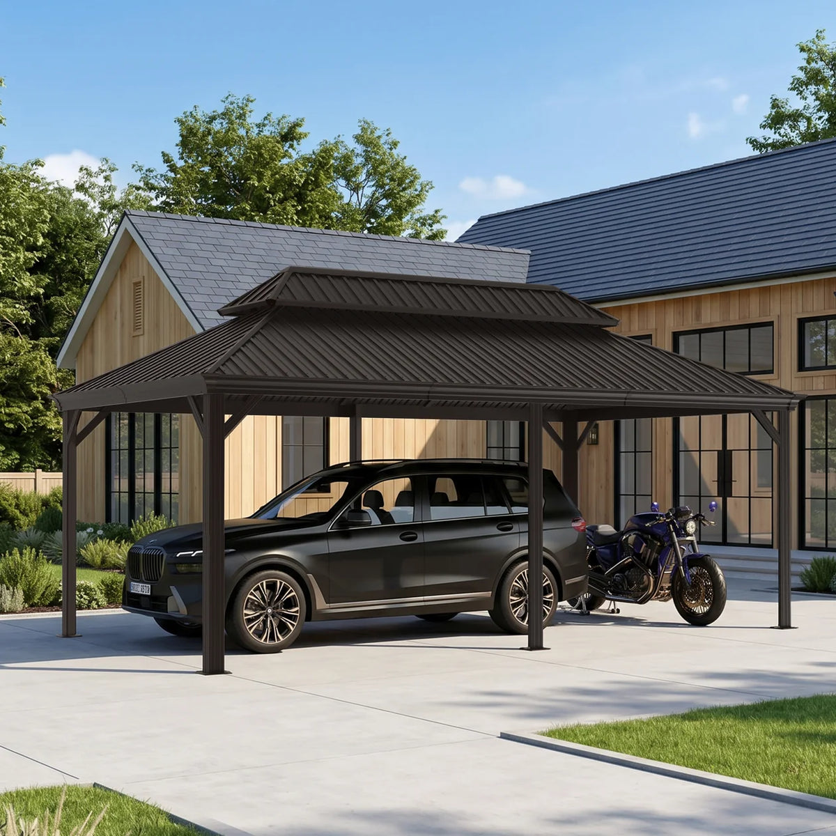 Carport in alluminio con tetto in acciaio per auto e veicoli