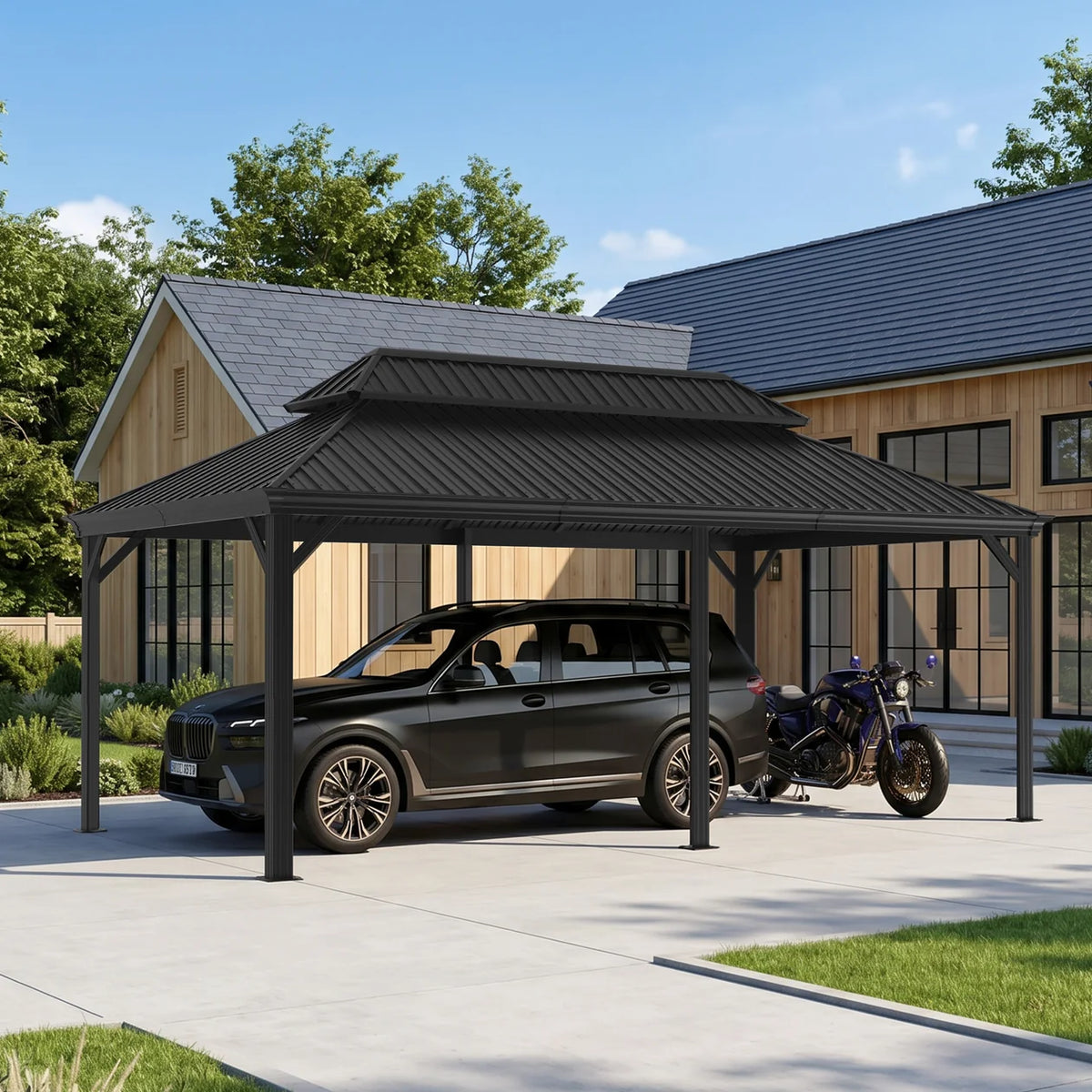 Carport in alluminio con tetto in acciaio per auto e veicoli