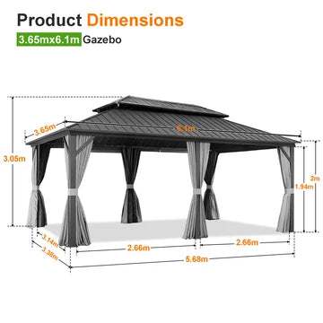 Gazebo da giardino con tetto rigido in alluminio e tende laterali