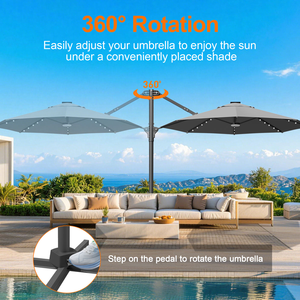 Ombrellone decentrato rotondo da giardino con luci LED solari