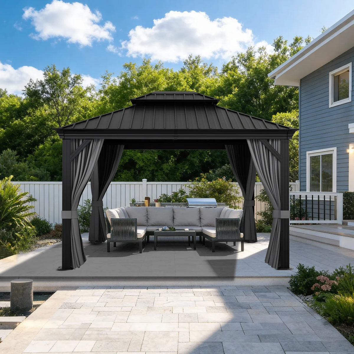Gazebo da giardino con tetto rigido in alluminio e tende laterali