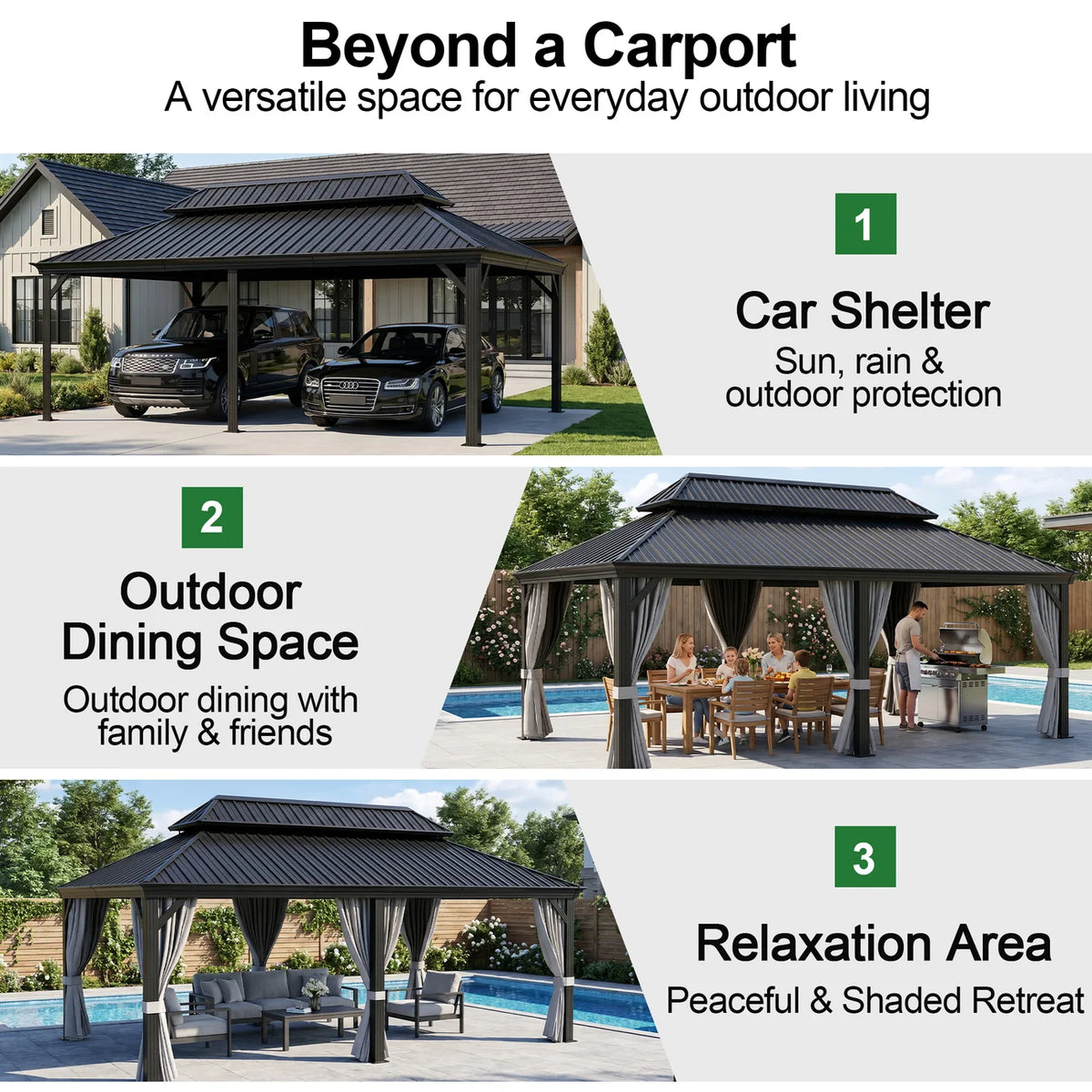 Carport in alluminio con tetto in acciaio per auto e veicoli