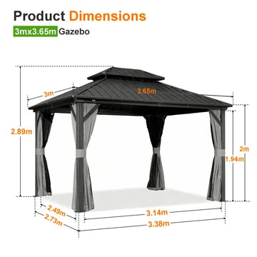 Gazebo da giardino con tetto rigido in alluminio e tende laterali