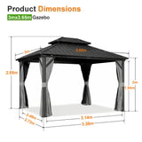 Gazebo da giardino 3×3,65 m con tetto rigido in alluminio e tende laterali