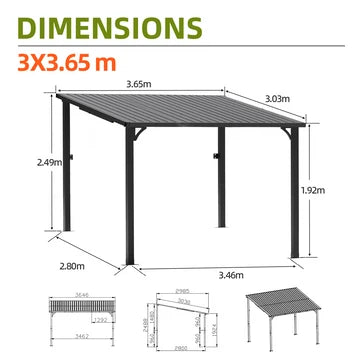 Gazebo addossato da giardino con tetto rigido in alluminio