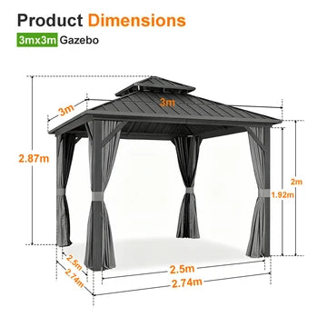 Gazebo da giardino con tetto rigido in alluminio e tende laterali