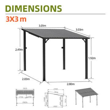 Gazebo addossato da giardino con tetto rigido in alluminio
