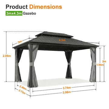 Gazebo da giardino con tetto rigido in alluminio e tende laterali