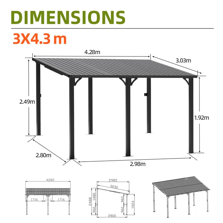 Gazebo addossato da giardino con tetto rigido in alluminio
