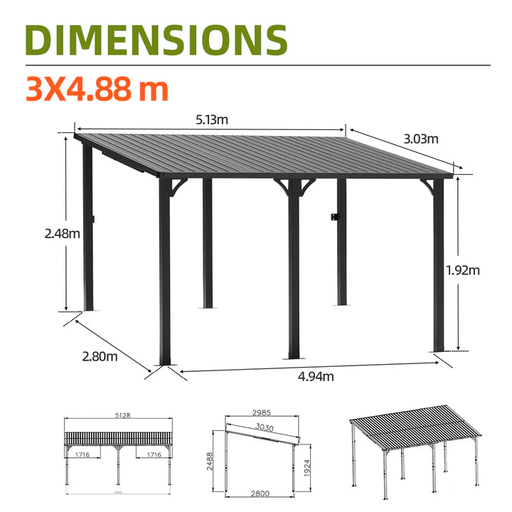 Gazebo addossato da giardino con tetto rigido in alluminio
