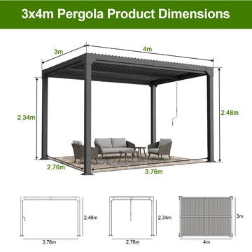 Pergola bioclimatica 3×4 m in alluminio con tetto a lamelle regolabili