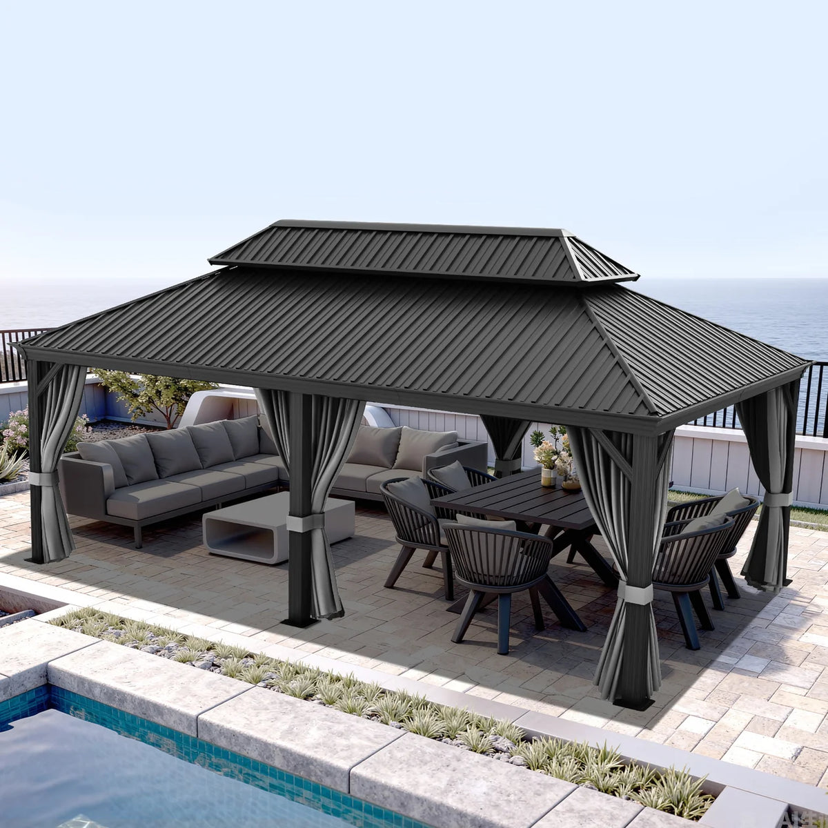 Gazebo da giardino con tetto rigido in alluminio e tende laterali
