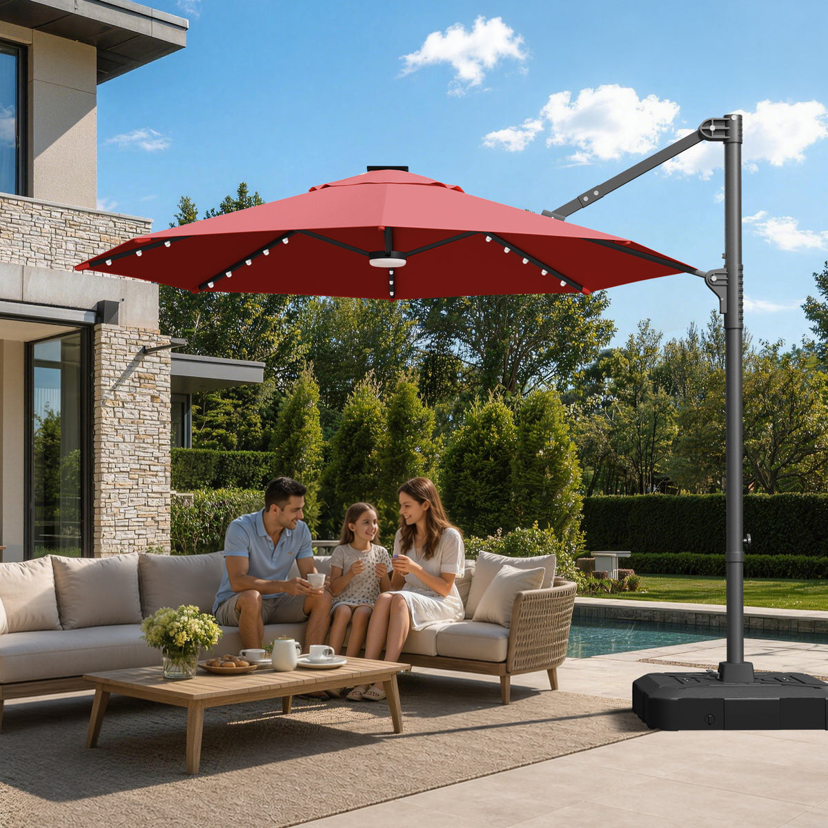 Ombrellone decentrato rotondo da giardino con luci LED solari