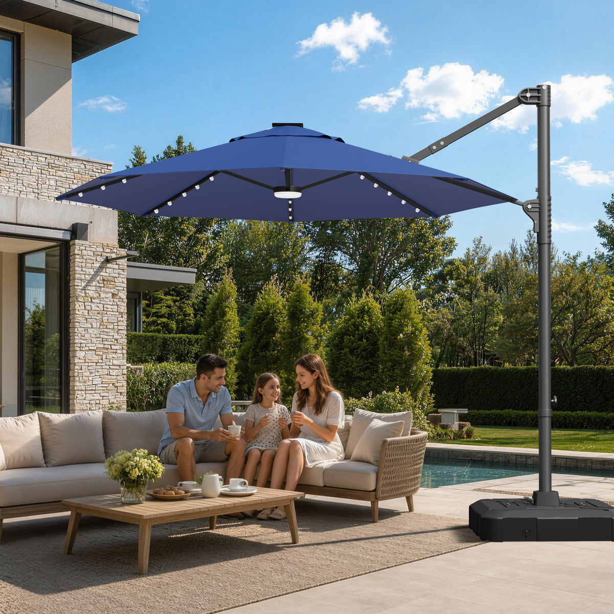 Ombrellone decentrato rotondo da giardino con luci LED solari