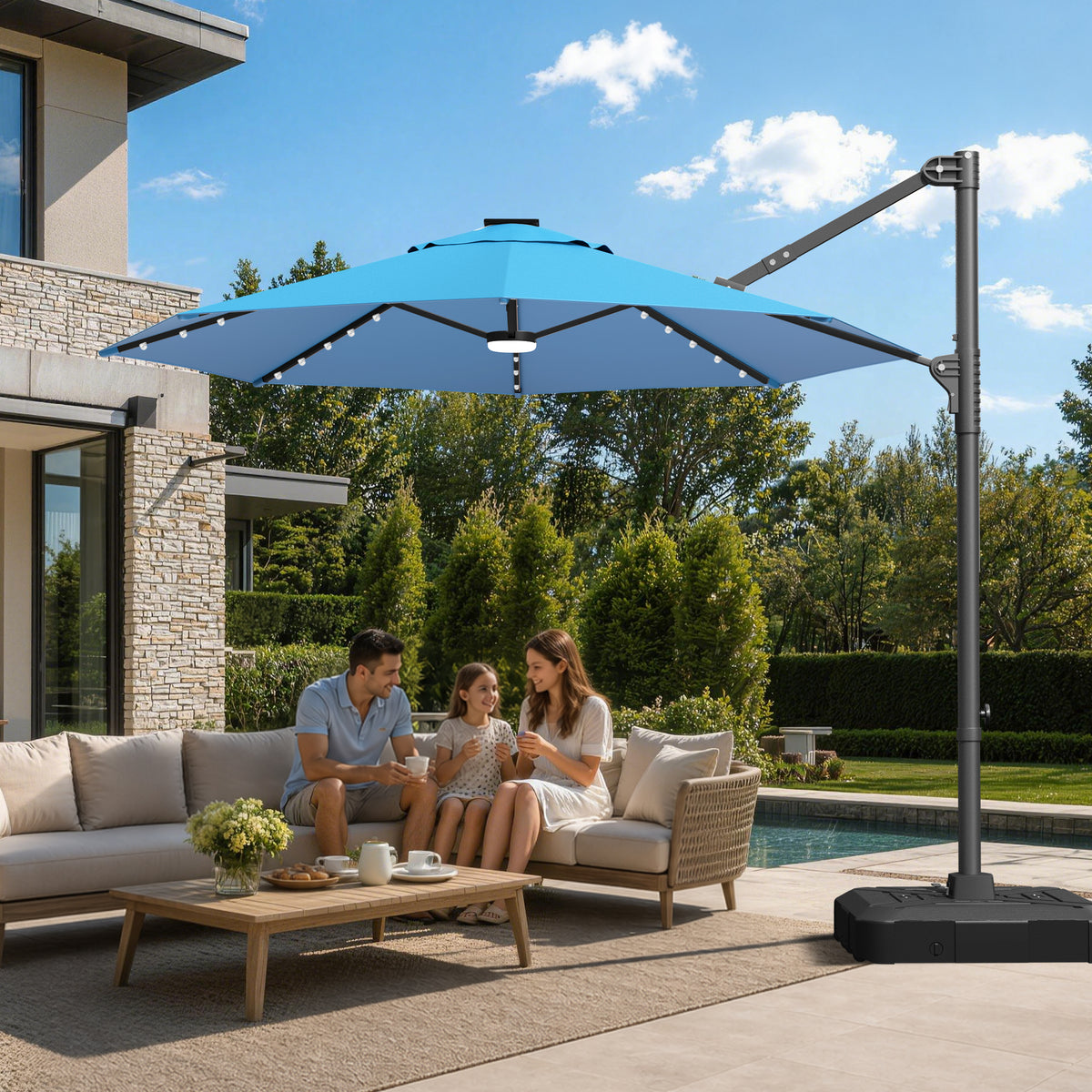Ombrellone decentrato rotondo da giardino con luci LED solari
