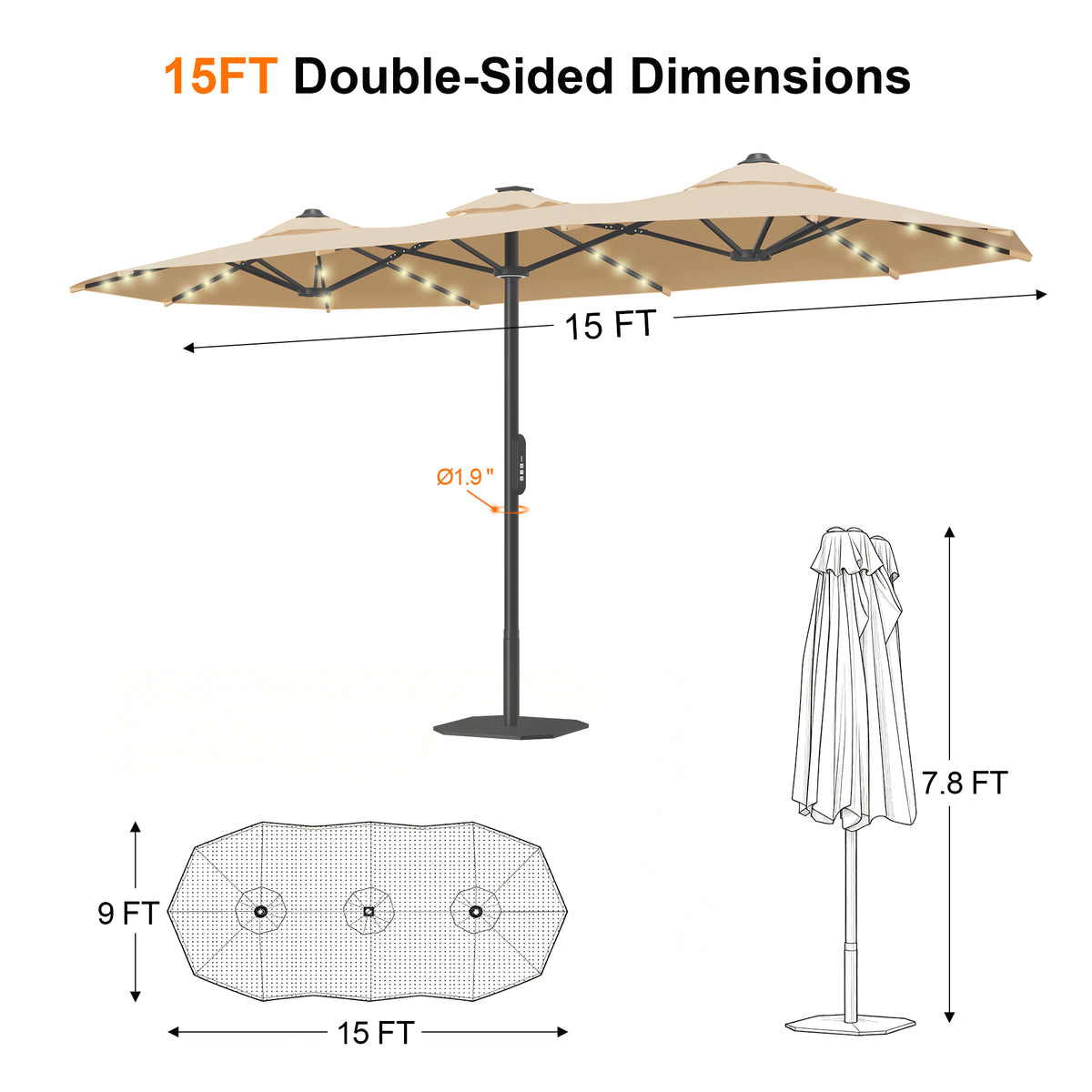 Ombrellone da giardino motorizzato 2,7×4,6 m con luci LED solari