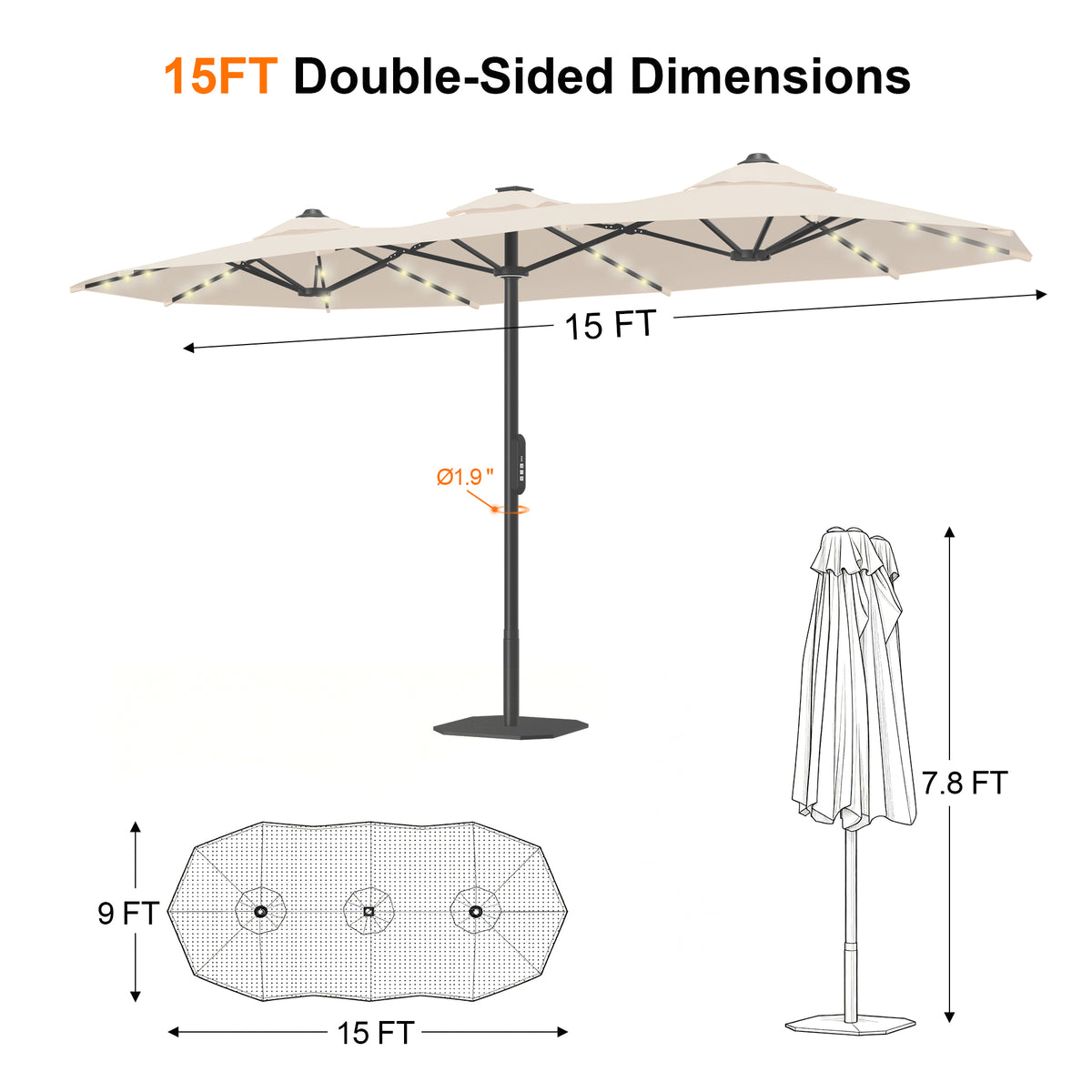 Ombrellone da giardino motorizzato 2,7×4,6 m con luci LED solari