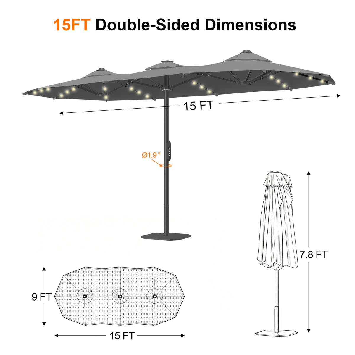 Ombrellone da giardino motorizzato 2,7×4,6 m con luci LED solari