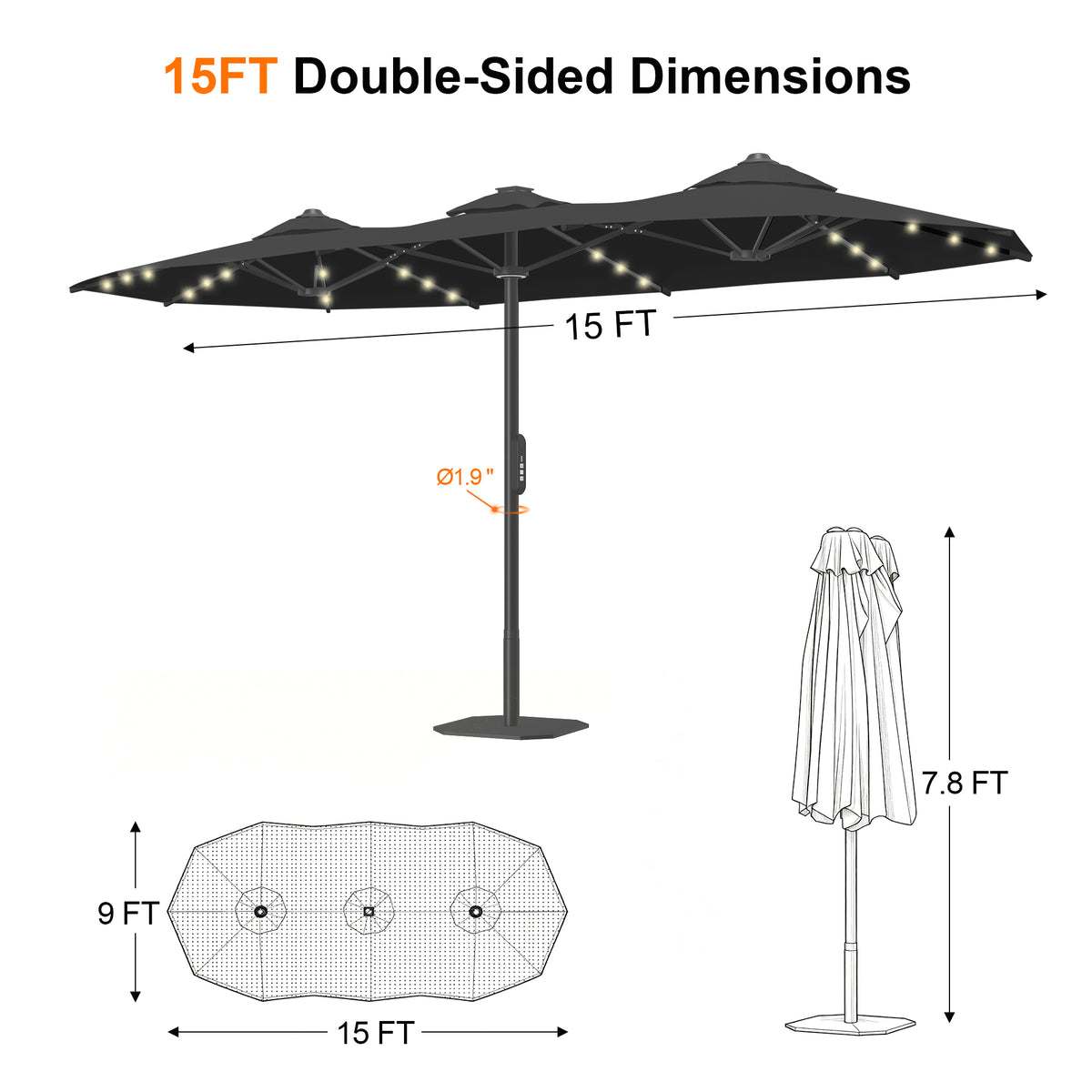 Ombrellone da giardino motorizzato 2,7×4,6 m con luci LED solari